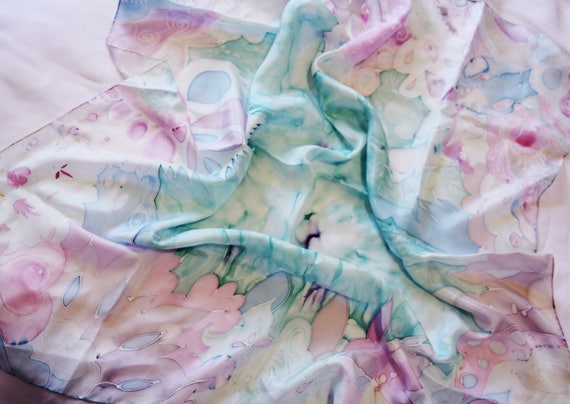 Batik Scarf, Hand Painted, Pure Silk, Gift for Her, 100% Silk, Handmade  Fabric, Blue Scarf, Floral Scarf, Green Scarf. Pink Scarf, Present. 