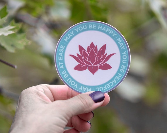 May You Be Happy-Peaceful-At Ease 3" Round Maroon Lotus Sticker or Magnet | Mettā Meditation | Buddhist Decal | Loving Kindness Prayer