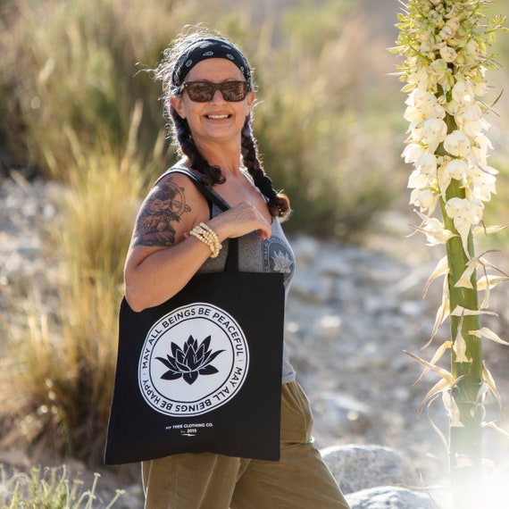 Buddhist Gifts-May All Beings Be Peaceful-May All Beings Be Happy Black Canvas Tote | Buddhist Message | Mettā Sutta | Lotus Bag | Dharma