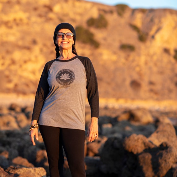 Buddhist T-Shirt-May All Beings Be Happy-May All Beings Be Free Black & Gray Lotus 3/4 Sleeve Lotus Shirt | Mettā Meditation | Dharma