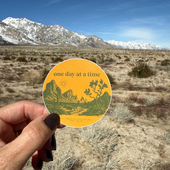 One Day At A Time 2.5" Round Desert Sticker | 12 Step Sticker | AA Alateen Al-Anon Sticker | Joshua Tree | Sober Life | Buddhist Recovery