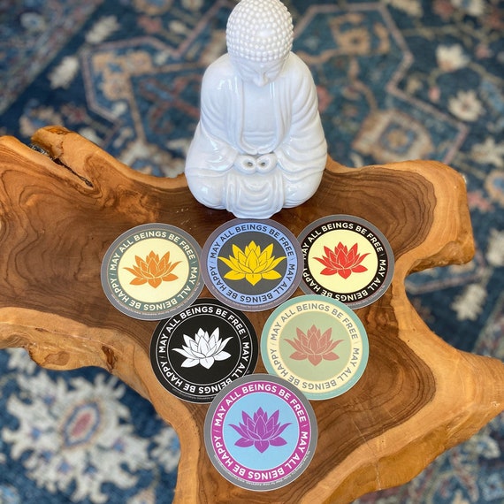 Buddhist Stickers-May All Beings Be Free & May All Beings Be Happy | Six 4" Lotus Sticker Set | Loving Kindness Prayer | Mettā Meditation