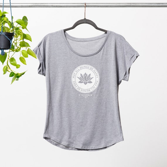 May All Beings Be Happy-May All Beings Be Free Gray Women's Loose Fit Lotus Shirt | Buddhist Shirt | Yoga Wear | Mettā Prayer | Meditate