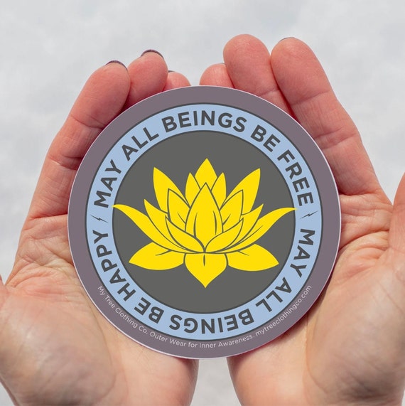 Buddhist Sticker | May All Beings Be Free-May All Beings Be Happy 4" Round Lotus Sticker | Meditation Space | Buddhist Auspicious Symbol