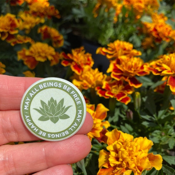 May All Beings Be Happy-May All Beings Be Free 1.25" Round Lotus Pinback Button | Mettā Prayer | Bodhisattva Vow | Buddhist Meditation