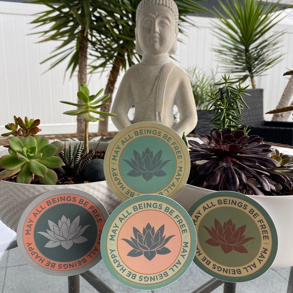 Buddhist Sticker Set-Four 4" Round-May All Beings Be Free-May All Beings Be Happy | Meditation Gift | Bodhisattva Vow | Mettā Prayer