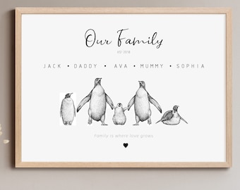 Personalised Penguin Family Print, Our Family Gift, Family Print, Birthday Gift, Christmas Gift,