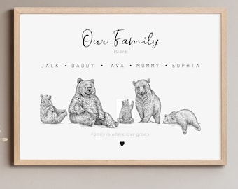 Personalised Bear Family Print, Fathers Day, Papa Bear, Family Gift, Family Print, Birthday Gift, Christmas Gift,