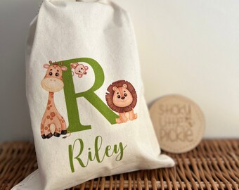 Personalised Toy Storage, Gift Bag, Sack, Stuff Bag - Reusable present wrapping - Safari, Muted Rainbow