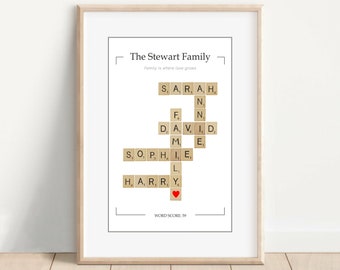 May include: A printable wall art design featuring the names "Sarah", "David", "Sophie", and "Harry" spelled out using Scrabble tiles. The design includes the text "The Stewart Family" and "Family is where love grows".