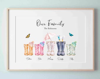 Wellie Boot Family Name Print, New Home Gift, Personalised Portrait any names, present for Mum