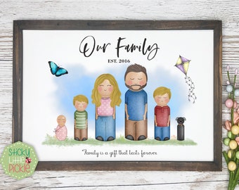 Peg People Print, Personalised Custom Welly Boots, Print for Family, Fathers Day, Gift for Mum, Family Print, Birthday Gift, Gift for Dad