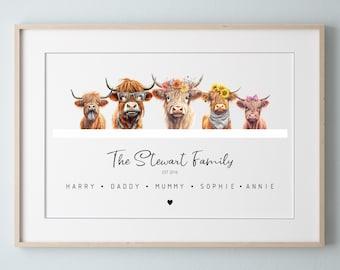 Personalised Highland Cow Family Print, Fathers Day Gift Dad, Animal Family Print, Highland Art Print, Family Print, Mothers Day Birthday