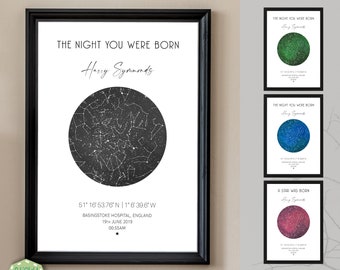 New Baby Christening Gift, Star Map Birthday Print, Personalised Birthday Gift, New Parents Gift, First Baby, The Night Your Were Born
