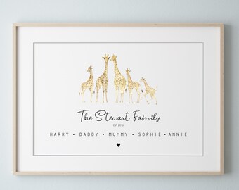 Personalised Giraffe Family Print, Custom Family Gift, Animal Family Print, Elephant Art Print, Family Print, Fathers Day Birthday Gift