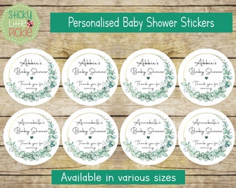 Personalised Baby Shower Stickers - Custom Text -  Gender Neutral Botanical Eucalyptus Wreath - Sweet Cones, Party Bag, Favours, Christening