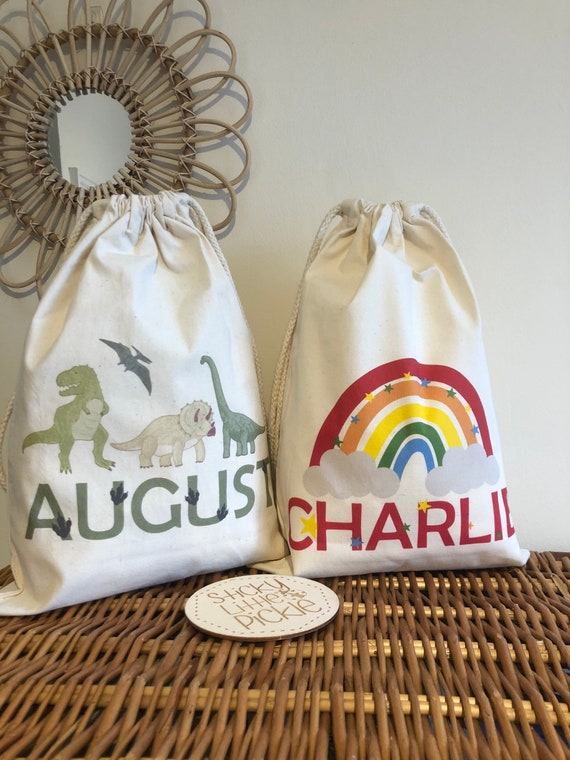 Personalised Toy Storage, Gift Bag, Sack, Stuff Bag Reusable present  wrapping Dinosaur, Rainbow, Floral, Safari
