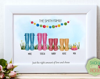 Personalised Welly Boot Family Print Digital Download Gift Custom Portrait New Home A4 A3 Birthday Christmas