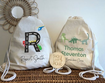 Personalised Drawstring PE Kit School Bag, Gym Sack, Back to School - Dinosaur, Vehicles, Safari, Woodland