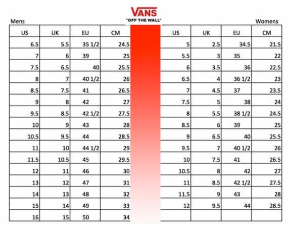 vans shoe size chart