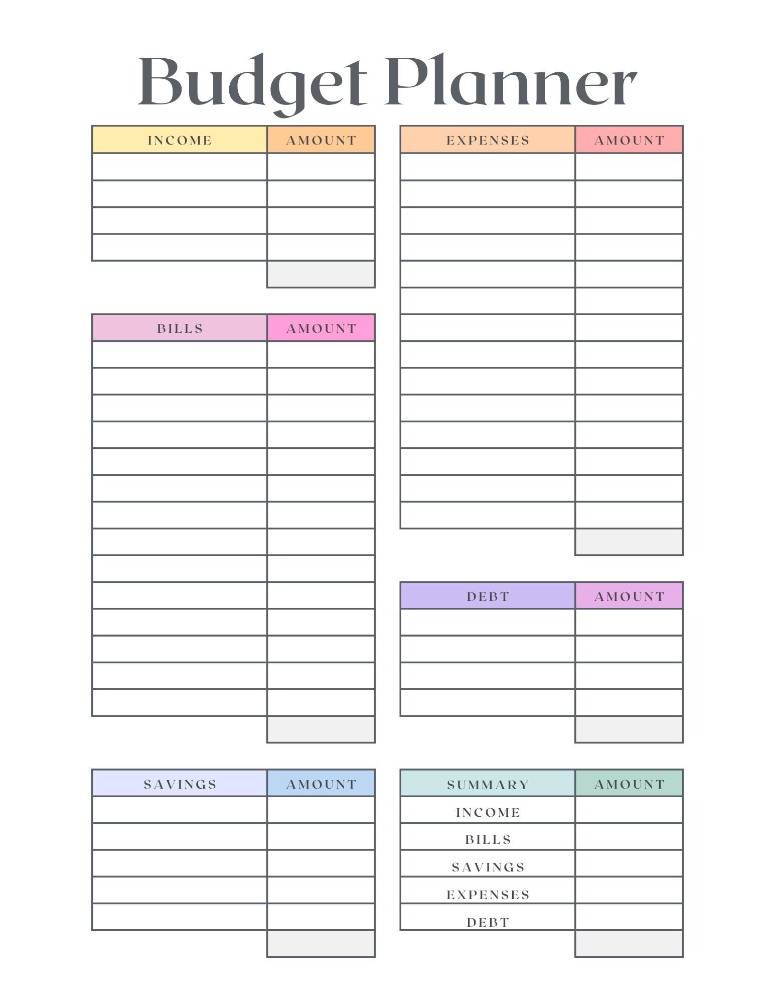 Budget Sheet, Monthly Budget,  Digital Budget, Printable Budget Sheet, Printable sheet, Colorful budget, Simple Budget