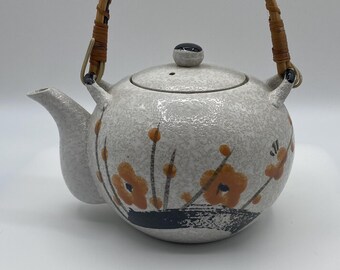 Vintage Asian Oriental Otagiri Style Hand-Painted Floral Stoneware Tea Kettle with Wicker Handle