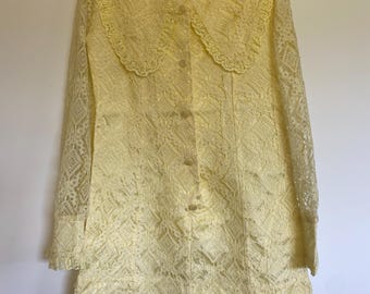 Vintage 1970s Lemon Frog Yellow Lace Pilgrim Collar Mini Dress Sz 8J