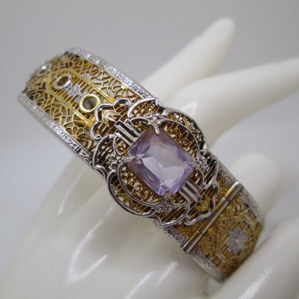 Vintage Art Deco Filigree Rhodium Plated Amethyst Hinged Bangle Bracelet