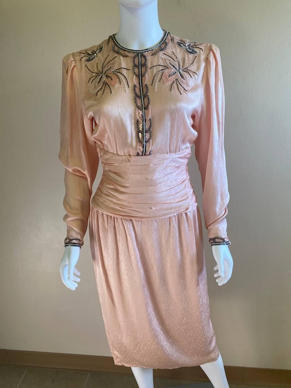 Francesca of Damon 100% Silk Pink Beaded 1970s Evening Gown Dress Size 4
