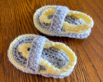 Crochet Yellow/Grey Baby Flip-Flop Sandals (size: 3-6 mo, 4" long)