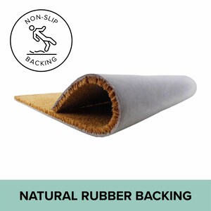 May include: A rolled-up doormat with a natural coir fiber surface and a gray rubber backing. The image shows a close-up of the mat's edge, revealing the texture of the coir and the non-slip backing. Text on the image reads "Non-Slip Backing" and "Natural Rubber Backing."