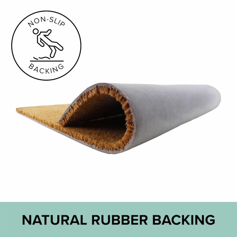 May include: A rolled-up doormat with a natural coir fiber surface and a gray rubber backing. The image shows a close-up of the mat's edge, revealing the texture of the coir and the non-slip backing. Text on the image reads "Non-Slip Backing" and "Natural Rubber Backing."