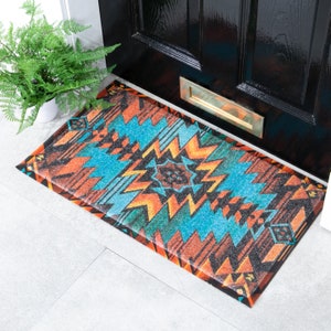 Aztec Print Doormat - Colorful Doormat - Bohemian Rug - Ethnic Dining Room - Colorful Aztec Mat -Housewarming Gift - 100% Recycled PVC
