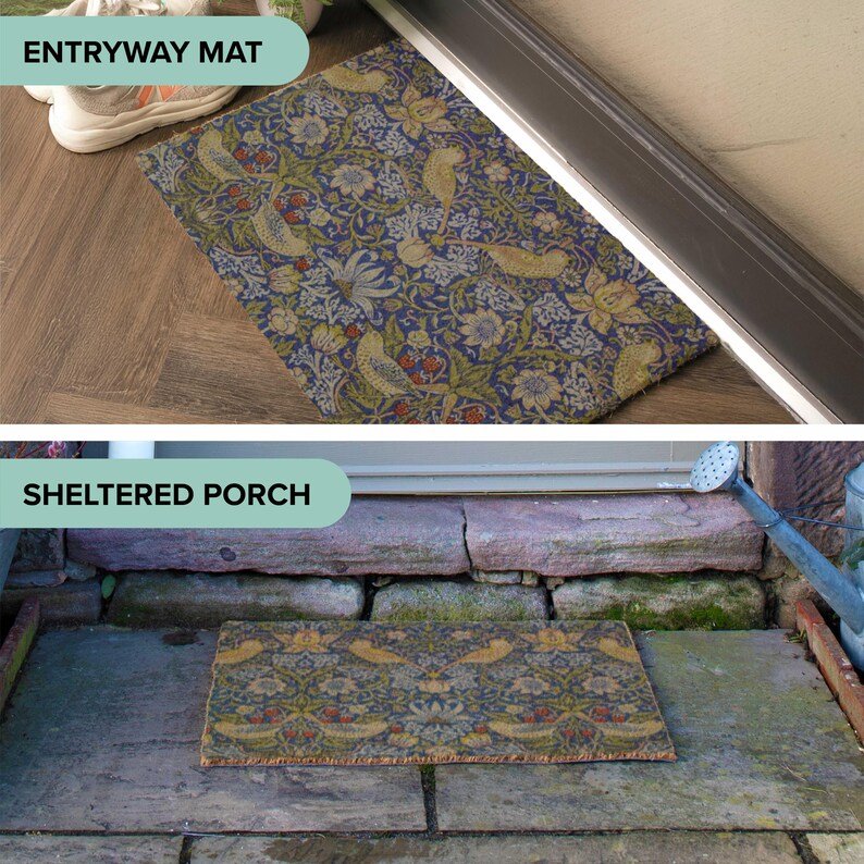 May include: Entryway mat with a blue background and a floral pattern in shades of yellow, red, and green. The mat is rectangular and placed near a door. The text "ENTRYWAY MAT" is in a green oval.