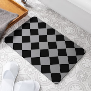 Square Pattern Grey Stone Non Slip Bath Mat - Quick Dry Bath Mats For Bathroom - Eco-Friendly Easy to Clean Modern Bathroom Mat - 60 x 39cm