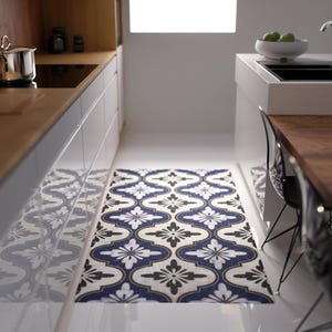 Maroc Blue Vinyl Kitchen Floor Mat - Kitchen Floor Mat -Decorative Tile Effect Design - Kitchen Hallway Decor mat -Vinyl Runner -Tile Effect