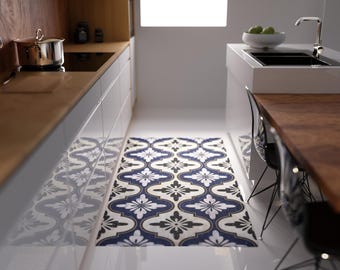 Maroc Blue Vinyl Kitchen Floor Mat: Decorative Tile Effect Runner
