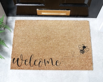 Welcome Bee Doormat - Non Slip Coir Door Mat - Cute Honeybee Housewarming Gift - Closing Gift | Bumble Bee Welcome Doormat - Front Door