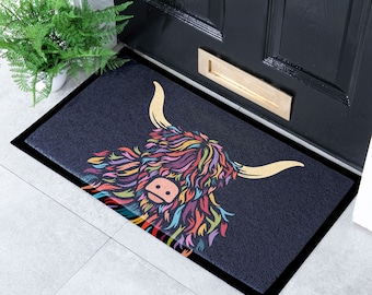 Highland Cow Colour Indoor & Outdoor Doormat - Long Lasting Welcome Door Mat - Easy to Clean Anti-Slip Dirt Trapper Front Door Mat - 70x40cm