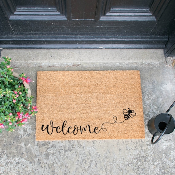 Welcome Bee Silhouette Coir Doormat Cute Bee Welcome Mat Handsprayed To Order In Uk Artsy Doormats