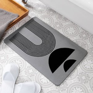 Abstract Half Moons Grey Stone Non Slip Bath Mat - Quick Dry Bath Mats For Bathroom - Eco-Friendly Easy to Clean Bathroom Mat - 60 x 39cm