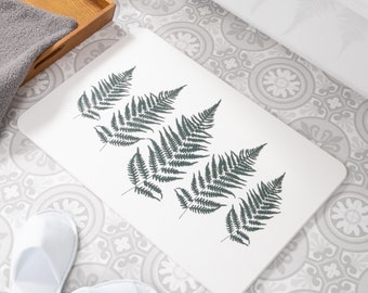 Fern Leaves Bath Mat - Botanical bath mat - Greenery Bathroom Decor - Forest Plants Bath Rug - White Stone Non Slip Bath Mat - 39 x 60cm