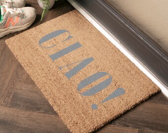 Ciao Grey Doormat - Fun Italian Greeting Coir Doormat - 60x40cm Grey Coir Mat - European Outdoor Welcome Mat - Custom Personalized Door Mat