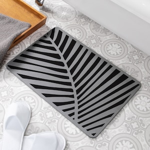 Palm Grey Stone Non Slip Bath Mat - Quick Dry Bath Mats For Bathroom - Eco-Friendly Easy to Clean Modern Anti-Mould Bathroom Mat - 60 x 39cm