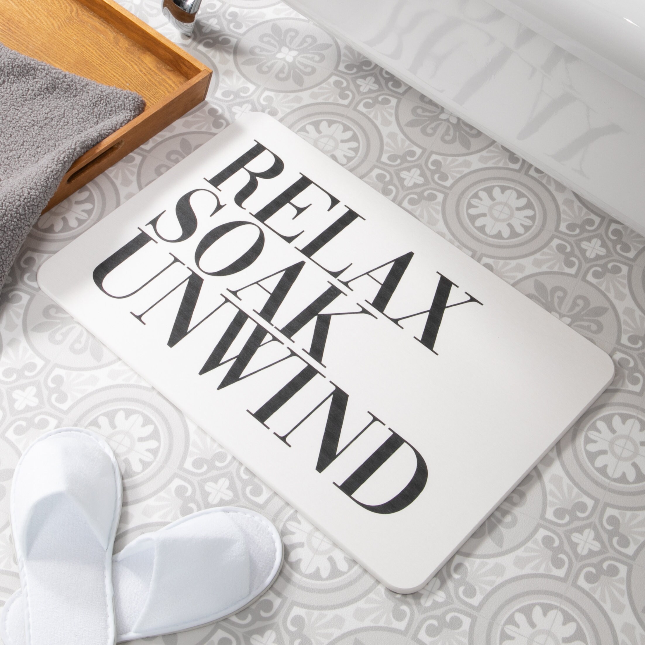 Relax Soak Unwind Stone Bathmat -  White Non Slip Mat - Bathroom Decor - Funny Bathroom Decor - Funny Bath Mat - 100% Natural Eco-Friendly