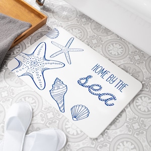 Home By The Sea White Stone Anti-Mould Non Slip Bath Mat Rug - Quick Dry Eco-Friendly Easy to Clean Modern Bathroom Mat - 60 x 39cm