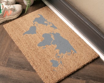 Fun World Map Grey Doormat - Quirky 60x40cm Grey Coir Map Doormat - Housewarming Gift - Welcome Doormat - Indoor Outdoor Doormat