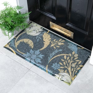 Vintage Floral Welcome Mat - Blue Front Door Decor - Housewarming Gift - Botanical Decor - Antique Floral Style Doormat - Rustic Flower Mat
