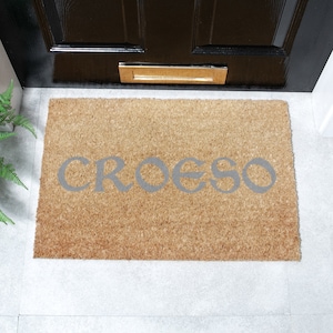 Grey Welsh Croeso Doormat - - Welsh Coir Door Mat doormat - Croeso doormat - Welsh gift - Cymraeg - Outdoor\Indoor Doormat - 60cm X 40cm