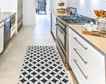 Hydra Vinyl Kitchen Floor Mat: Wipeable Geometric Tile Pattern